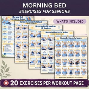 May include: A set of five instructional exercise charts titled Morning Bed Exercises for Seniors. Each page features numbered illustrations of a person performing movements in bed, with text instructions, repetition counts, and breathing guidance.