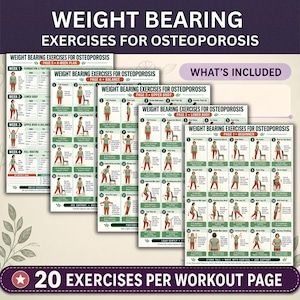 May include: A set of five instructional exercise charts titled Weight Bearing Exercises for Osteoporosis. Each page features numbered illustrations of a person performing movements, with text descriptions for each exercise and a 4-week plan included.