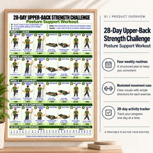 May include: A framed 28-day upper-back strength challenge poster featuring a posture support workout plan. It includes four weekly routines with illustrated movement cues, step-by-step exercise instructions, and a 28-day activity tracker.