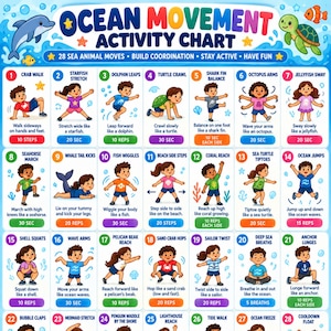 May include: An Ocean Movement Activity Chart featuring 28 numbered panels with illustrations of children performing various physical exercises. The chart includes a dolphin, a turtle, and text detailing 28 sea animal moves for coordination.