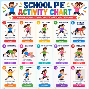 Puede incluir: Un gráfico de actividades de educación física escolar con 15 recuadros numerados que muestran ilustraciones de niños realizando movimientos como saltos, gateo de oso y sentadillas, incluyendo el nombre, instrucciones y duración o repeticiones.