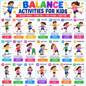 Könnte beinhalten: Ein farbenfrohes Lehrplakat mit dem Titel BALANCE ACTIVITIES FOR KIDS, das 21 nummerierte Illustrationen von Kindern bei verschiedenen körperlichen Übungen zeigt. Jedes Feld enthält einen Bewegungsnamen, Anweisungen und eine Dauer in Sekunden oder Schritten.
