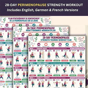 Op de afbeelding: Een 28-daags krachttrainingsschema voor de perimenopauze met geïllustreerde oefeningen. Het document bevat secties voor basiskracht, controle, mobiliteit en stabiliteit, met tekst in het Engels, Duits en Frans.