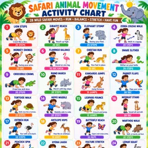May include: A Safari Animal Movement Activity Chart featuring 24 numbered squares with illustrations of children performing animal-themed exercises. The chart includes text labels for each movement, such as Lion Steps and Elephant Stomp, along with specific repetition counts or time durations for each activity.