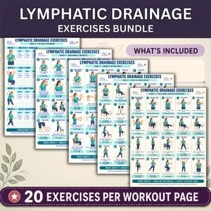Może przedstawiać: Cyfrowy zestaw pięciu stron instruktażowych zatytułowanych Lymphatic Drainage Exercises, zawierający ponumerowane ilustracje osób wykonujących różne ruchy, techniki oddechowe i ćwiczenia rozciągające wraz z instrukcjami tekstowymi.