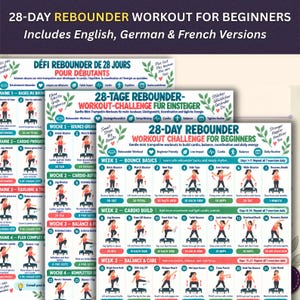 May include: A 28-day rebounder workout chart for beginners featuring illustrated exercises on mini trampolines. The document includes weekly schedules, numbered steps, and instructional text in English, German, and French for a daily routine.