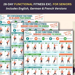 May include: A 28-day functional fitness workout challenge chart for seniors, featuring illustrated exercise routines in English, German, and French. The document includes numbered movement steps, icons for daily routines, and text instructions for strength and mobility.