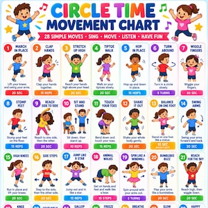 Pode incluir: Um gráfico de movimento Circle Time colorido com 28 quadrados numerados com ilustrações de crianças realizando atividades físicas. Cada quadrado inclui instruções de texto para movimentos como marchar, bater palmas e alongar, com metas de tempo ou repetições.