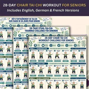 Peut inclure: Un guide de défi d'entraînement de Tai-Chi sur chaise de 28 jours pour seniors, présentant des mouvements assis illustrés, des textes explicatifs et des programmes hebdomadaires en anglais, allemand et français sur plusieurs pages.