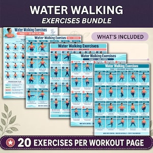Könnte beinhalten: Ein digitales Set aus fünf Übungsplänen für das Wassertraining, die jeweils 20 illustrierte Bewegungsabläufe mit Anleitungen enthalten. Die Seiten sind mit Beginner Walking, Side Steps, Balance, Endurance und 28-Day Plan in Blau und Weiß beschriftet.