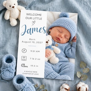 Puede incluir: Una tarjeta de anuncio de nacimiento rectangular con la foto de un bebé durmiendo con un gorro y un conjunto de punto azul, sosteniendo un pequeño oso de peluche. El texto dice: WELCOME OUR LITTLE James, Born August 10, 2027, 9:51 AM, 7 lb 2 oz, 19.5 in.