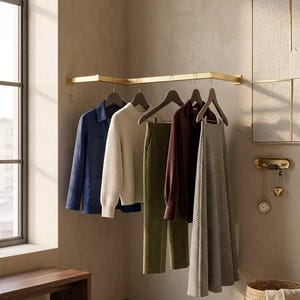 Pode incluir: Um cabideiro de parede em forma de L na cor dourada com cinco cabides de madeira que sustentam uma jaqueta azul, um suéter de tricô creme, calças verde-oliva, uma camisa de manga comprida bordô e uma saia xadrez cinza e branca.