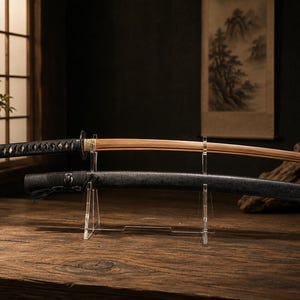 Op de afbeelding: Een houten katana met een lichtbruin lemmet en een zwart handvat met een textuurafwerking. Het zwaard rust op een doorzichtige acrylstandaard naast de bijpassende zwarte schede, die horizontaal op de basis van de standaard is geplaatst.
