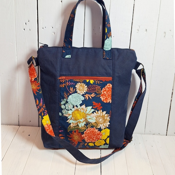 Sac à main à bandoulière pour femme en toile de coton imperméable bleu marine et tissu avec un motif floral,  bandoulière réglable, tote bag