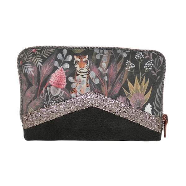 Portefeuille compact pour femme avec fermeture zippée en faux cuir gris et bronze et tissu avec des tigres, compagnon  élégant et exotique