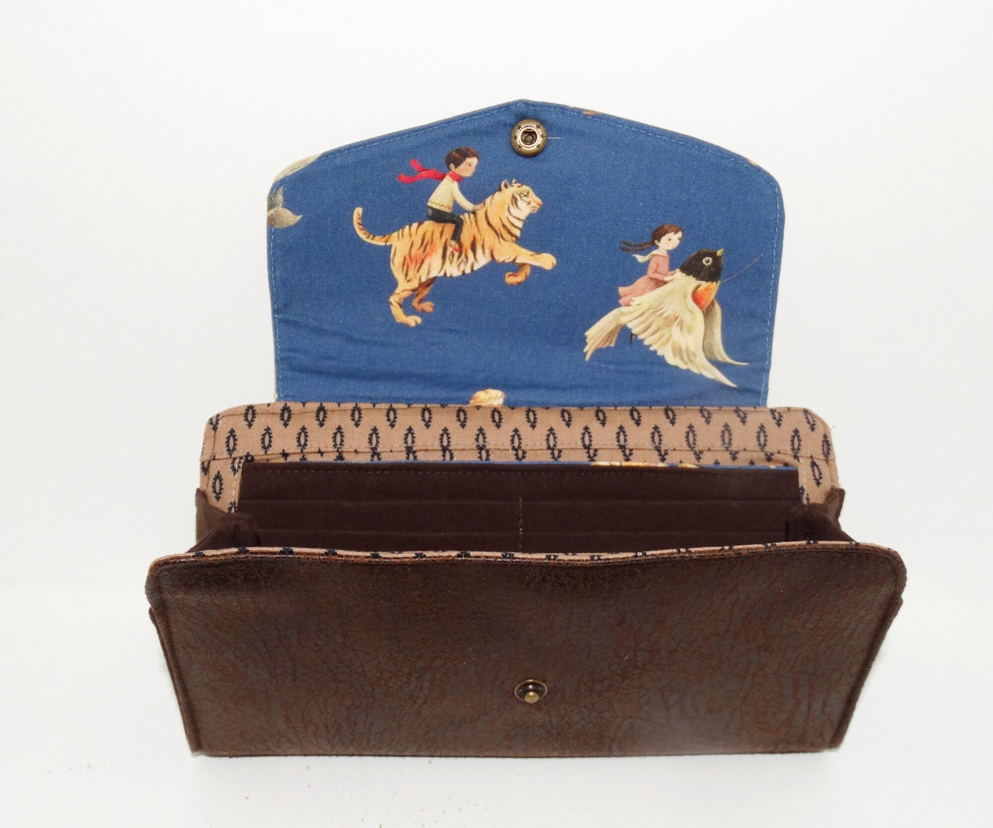 Large flat wallet woman in navy blue fabric with children and Etsy