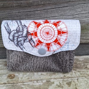Petit porte-monnaie accordéon pour homme, en faux cuir gris et  tissu  thème nautique,  porte-cartes, 3 compartiments, cadeau fête des pères