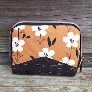 Mini portefeuille zippé pour femme en tissu jaune moutarde avec des fleurs, liège noir et doré, porte-cartes mignon, minimaliste