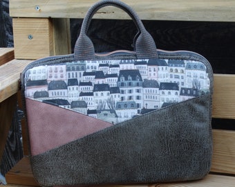 Sacoche pour ordinateur 13 pouces  femme en  faux-cuir gris, similicuir rose et tissu gris avec maisons et immeubles , pochette d'ordinateur