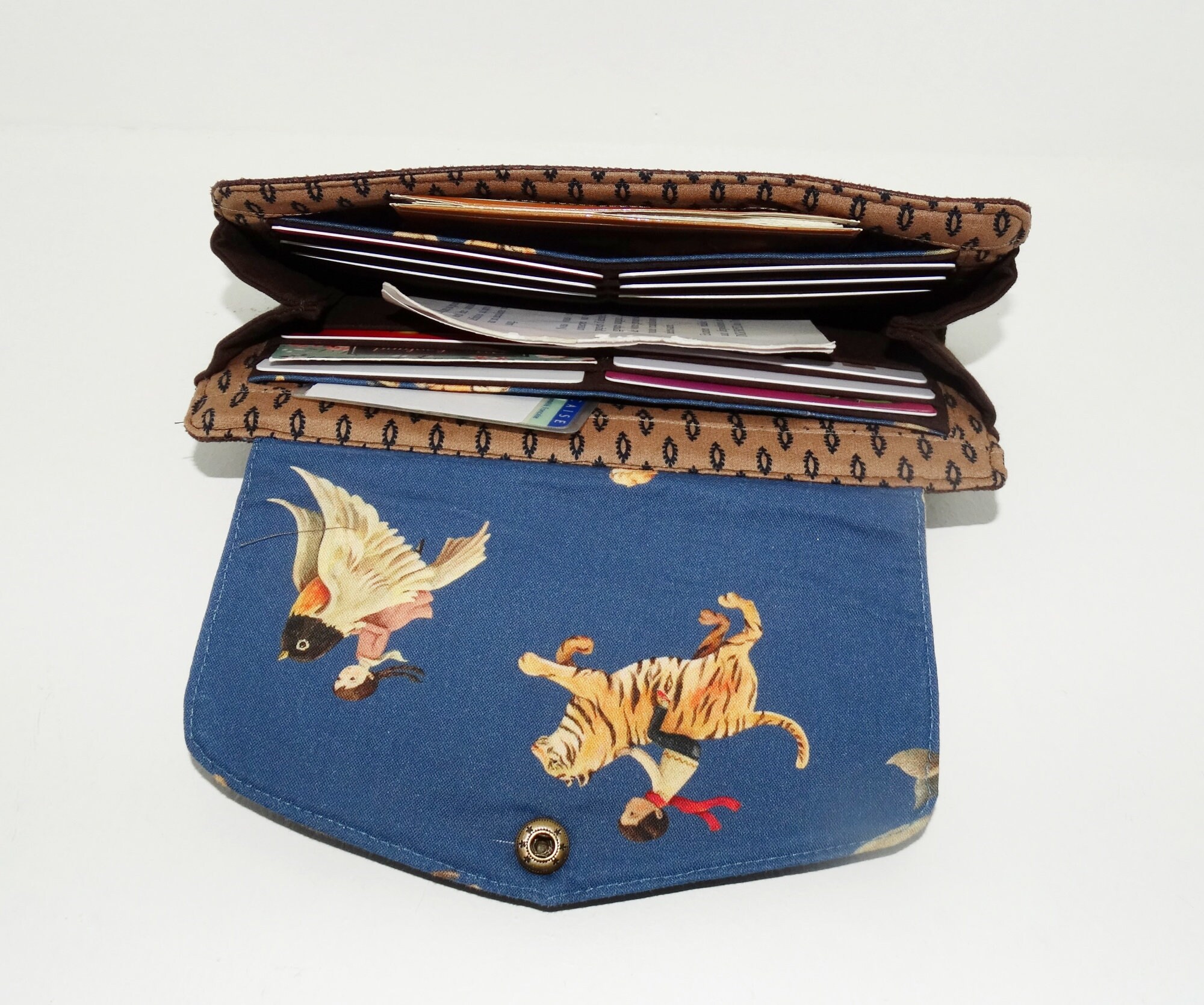 Large flat wallet woman in navy blue fabric with children and Etsy