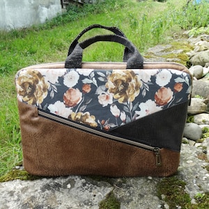 Bolso para ordenador de 13 pulgadas para mujer, piel sintética color camel y antracita, tejido floral negro, funda protectora para ordenador boho