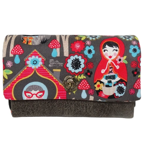 Portefeuille compact femme, tissu gris  avec le chaperon rouge et le grand méchant loup, faux-cuir gris,  porte-cartes, mignon