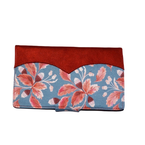 Porte-chéquier élégant pour femme  en suédine terracotta et tissu bleu pétrole avec feuilles de chêne, protection chéquier, cadeau de Noël