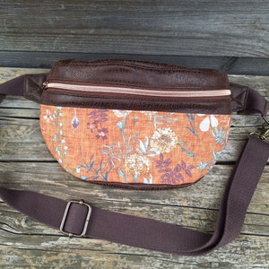 Women&#39;s fanny pack in brown faux leather and orange fabric with wild flowers, adjustable belt, boho style, unique gift