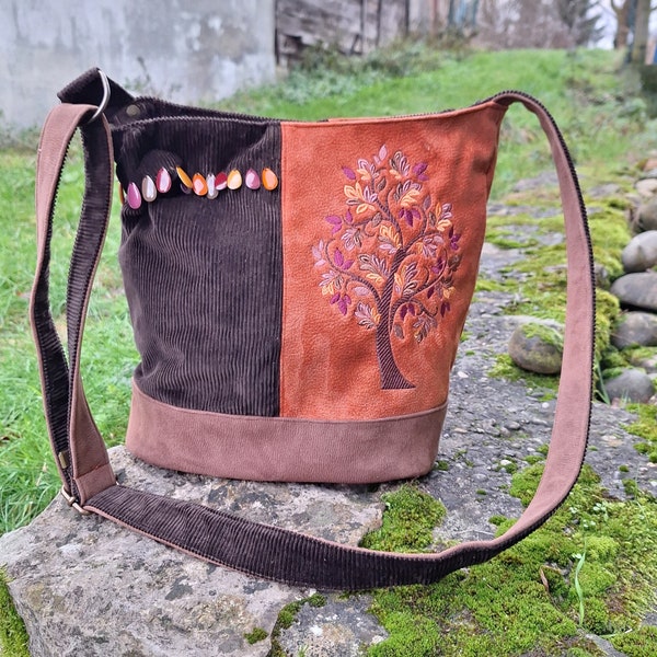 Sac à bandoulière pour femme, sac seau en faux cuir orange et marron, velours côtelé marron, broderie arbres et feuilles et sequins colorés