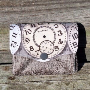 Kleine Akkordeon-Geldbörse für Herren, 3 Fächer aus grauem Kunstleder und Stoff mit Uhren, Kartenhalter im Vintage-Stil.