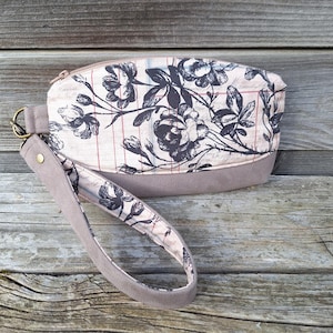 Bolsa de maquiagem feminina, bolsa clutch de couro sintético taupe, tecido bege vintage com flores grandes, alça de pulso removível, porta-cartões