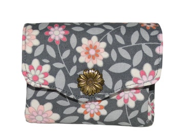 Petit porte-monnaie accordéon pour femme, porte-cartes, 3 compartiments, en tissu gris avec des fleurs, bouton pression métallique  fleurs