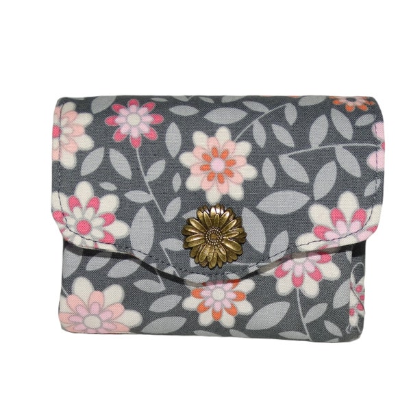 Petit porte-monnaie accordéon pour femme, porte-cartes, 3 compartiments, en tissu gris avec des fleurs, bouton pression métallique  fleurs