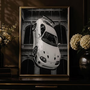 JDM-affisch, svartvit väggkonst med Supra-sportbil, lyxigt arkitekturtryck, bildekor med Tokyo Drift, väggkonst för bilentusiaster