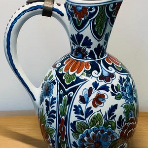 Vintage Dutch Delft Polychrome Jug, Pewter Lid, Hand Painted Floral Design