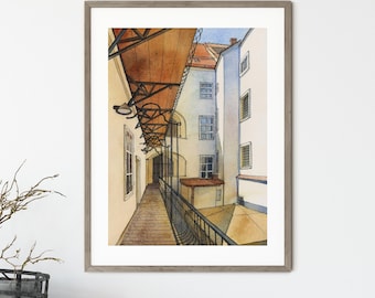Graz Austria Courtyard Watercolor Print, Old Europe Architecture, Neutral Travel Home Decor (A19)