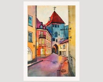 May include: A watercolor painting of a narrow European street scene featuring colorful buildings with red roofs, a prominent stone tower with an arched gateway, and a cobblestone path. The architecture includes multi-story structures in shades of pink, yellow, and blue, with visible windows and a weather vane atop the central tower.