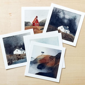 Petites maisons dans la nature, lot de 6 cartes postales aquarelles paysages maussades, impressions d'art de qualité musée