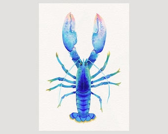 Blue American Lobster Watercolor Print • Coastal Nautical Art (L02)