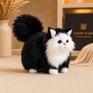 May include: A plush toy cat with long, fluffy black and white fur. The cat has a large, bushy black tail, white paws, and a white chest and face. It features black ears with white inner tips, dark eyes, and a small pink nose, standing in a profile view.