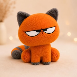 Pode incluir: Um brinquedo de pelúcia em forma de gato com pelo laranja brilhante, orelhas cinza-escuras e patas cinzentas. O gato tem olhos grandes, brancos e amendoados com pupilas pretas, dando-lhe uma expressão severa. Tem uma cauda listrada e textura macia.