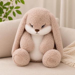 May include: A plush rabbit toy with textured beige fur, long drooping ears, and a white belly. The rabbit has a brown nose, narrow eyes, and a small mouth. The word BANA is embroidered on the bottom of the left foot. The toy is made of soft, fuzzy material.