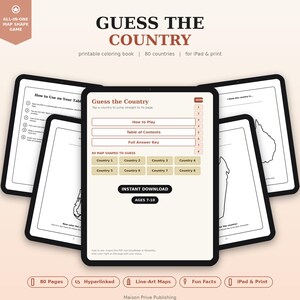 May include: A digital printable coloring book titled Guess the Country featuring 80 map shapes. The interface displays a table of contents, how to play instructions, and an answer key. The layout includes buttons for instant download and age range 7-10.