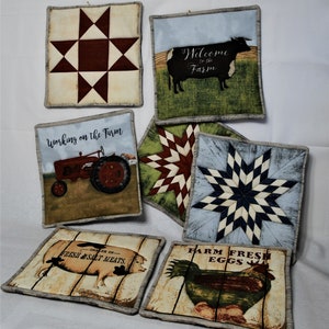 Quilted Amish Primitive  Hot Pads, Farm Animal, Amish Sawtooth Star. Trivets Free Ship