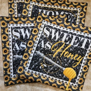Quilted Hot Pad, Beehive, Honey Pot, Honey Bees and Sunflowers Potholder, Trivet 4 designs