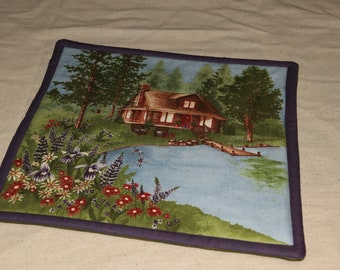 Cabin by the Lake Hot Pad, 11" Quilted Hot Pad / Trivet, Camper, Lake House Hot Pad