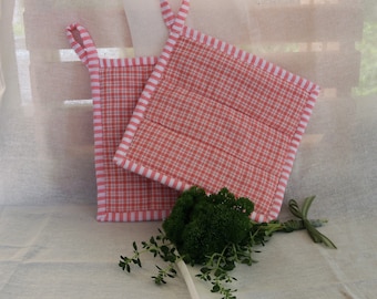Quilted Homespun Potholder Set, Fabric Trivet, Pink Hotpad