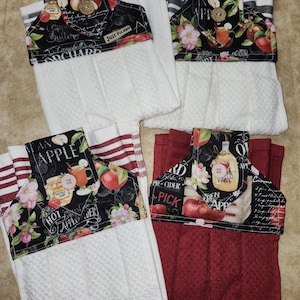 Quilted Fall Apple Harvest Hanging Kitchen Towels, Set of 2 Black and white Towels, Hand towels with apples, recipe, apple pie FREE SHIPPING