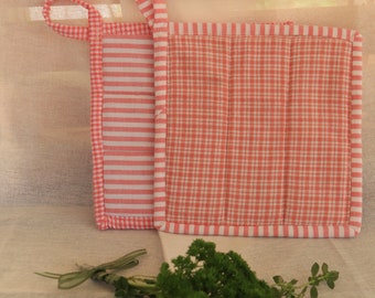 Quilted Homespun Potholder Set, Fabric Trivet, Pink Hotpad