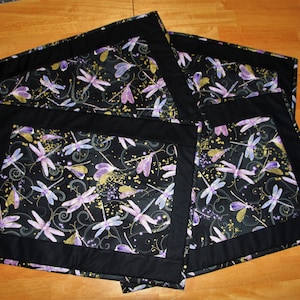 Quilted Placemat Set, Dragonflies on Black, Set of 2 Dragonfly placemats